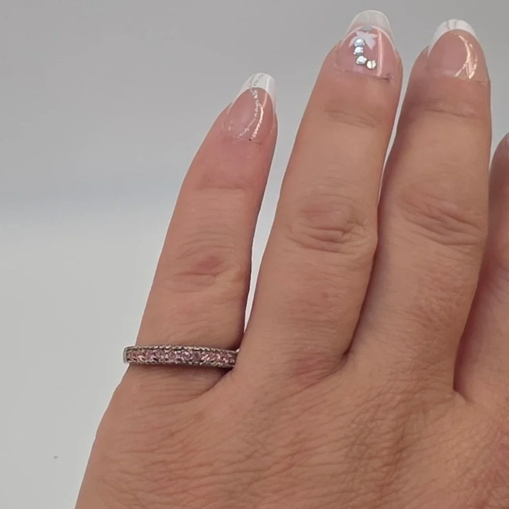 Sterling Silver 925 LJ Pink Stone Channel Set Stackable Band Ring Size 7.25